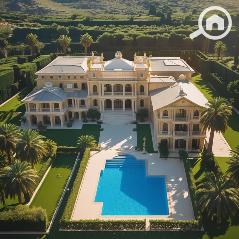 3 _Concept_ A Kingdom of Luxury_ Palace & Guest Villa. _Visuals_ A stunning wide shot showcasing both the majestic main palace and the elegant separate guest villa within the 11,730m² estate. Highlight the hotel-sta. jpg