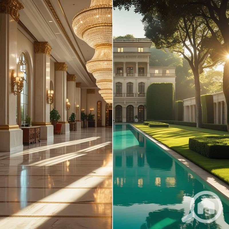 7 _Concept_ Indulge in Unrivaled Opulence, Inside and Out. _Visuals_ A split image or a beautifully composed shot. Left_Foreground_ A glimpse of an ultra-luxurious interior of the palace (e. g. , grand reception w (3). jpg