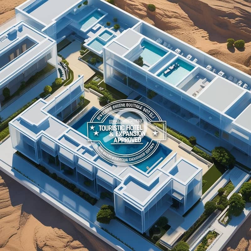 8 _Concept_ Your Blueprint for a Landmark Touristic Destination. _Visuals_ A sophisticated, slightly translucent architectural blueprint of a potential luxury boutique hotel or a high-end resort is overlaid on an ae. jpg