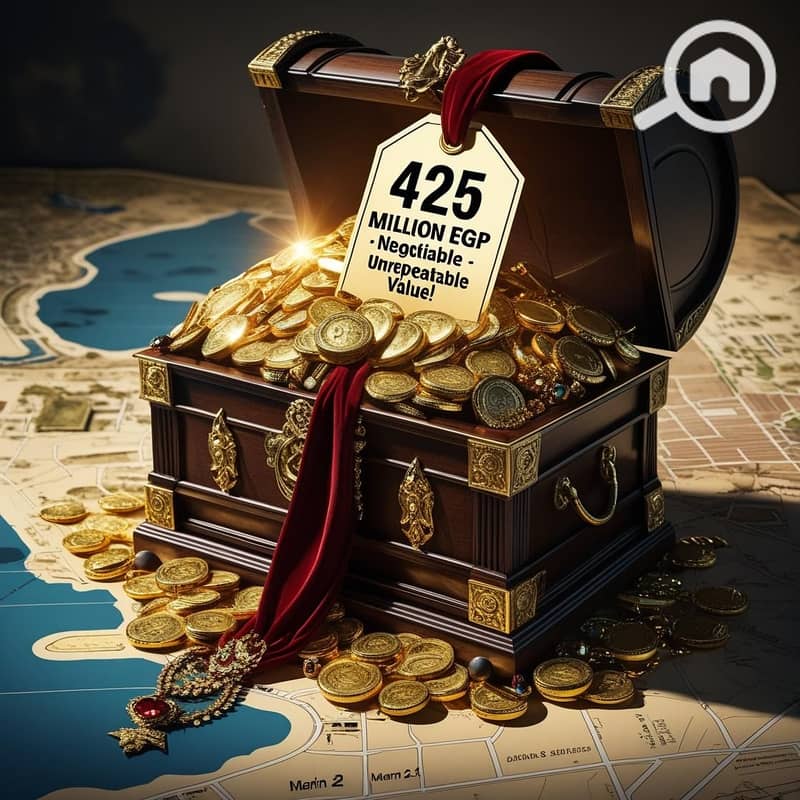 9 Visuals_ A majestic, antique-style treasure chest overflowing with symbolic gold coins and jewels, placed on a map of Marina 2 highlighting the 11,730m² plot. A large, elegant price tag attached to the chest read. jpg