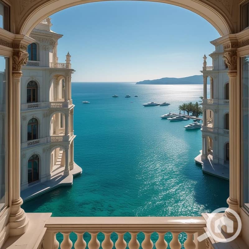 12 _Concept_ The Amphibious Paradise - Sea & Lagoon Embrace. _Visuals_ A breathtaking split-screen or dual-perspective shot from a high balcony of the palace. One side shows the endless, sparkling turquoise Medit (2). jpg