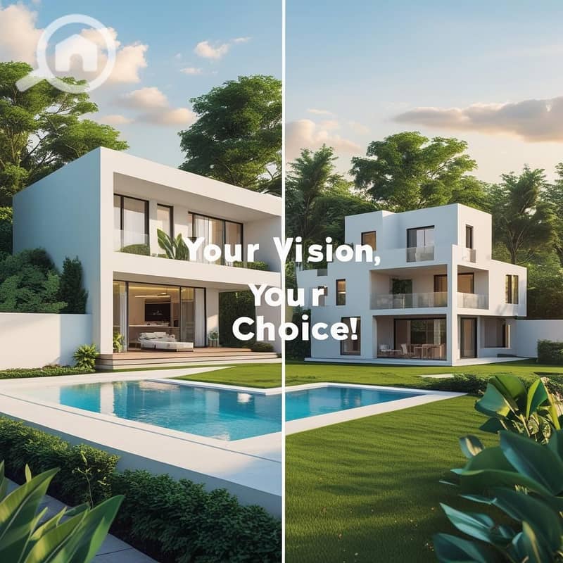 2 A dynamic split-screen or _morphing_ image. Left side_ A stunning, modern villa design (B+G+3+Roof) perfectly situated on the 450m² plot. Right side_ An elegant, small apartment building (3 apts_floor) on the (1). jpg