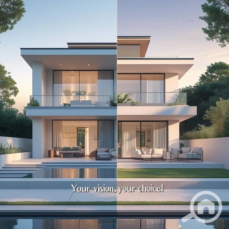3 A dynamic split-screen or _morphing_ image. Left side_ A stunning, modern villa design (B+G+3+Roof) perfectly situated on the 450m² plot. Right side_ An elegant, small apartment building (3 apts_floor) on the sam. jpg