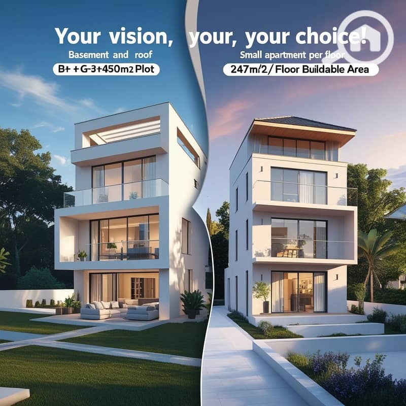 5 A dynamic split-screen or _morphing_ image. Left side_ A stunning, modern villa design (B+G+3+Roof) perfectly situated on the 450m² plot. Right side_ An elegant, small apartment building (3 apts_floor) on the (3). jpg
