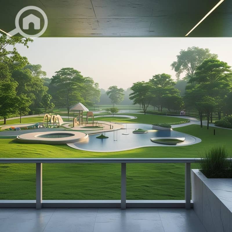 6 A serene, morning light shot from the perspective of a future balcony on the land plot. The view overlooks expansive, lush green spaces and a beautifully designed future recreational area (conceptual, e. g. , p (2). jpg
