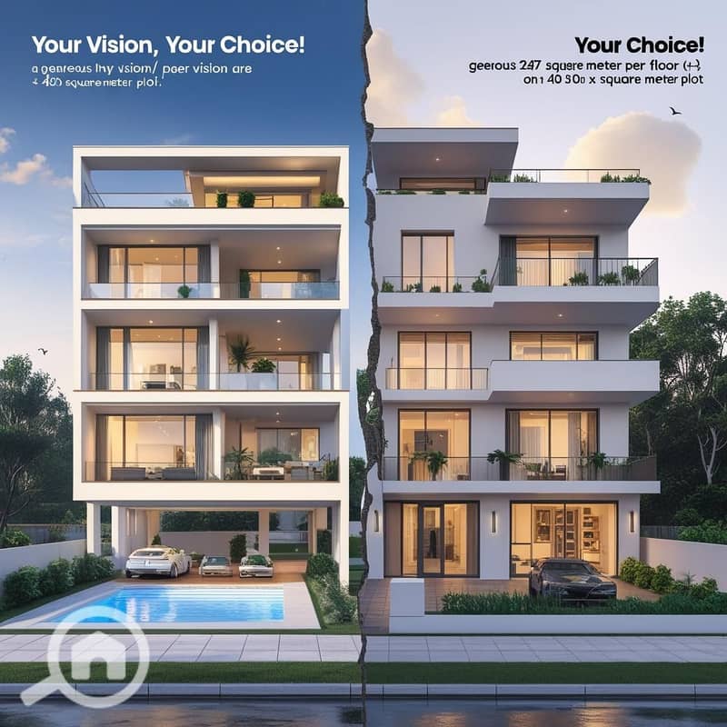 7 A dynamic split-screen or _morphing_ image. Left side_ A stunning, modern villa design (B+G+3+Roof) perfectly situated on the 450m² plot. Right side_ An elegant, small apartment building (3 apts_floor) on the (2). jpg