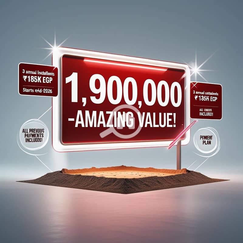 9 A giant, spotlighted price tag dramatically displaying '1,900,000 EGP - AMAZING VALUE!' anchored on the 450m² land plot. Smaller, elegant graphics around it clearly illustrate the payment plan_ '3 Annual Inst (2). jpg