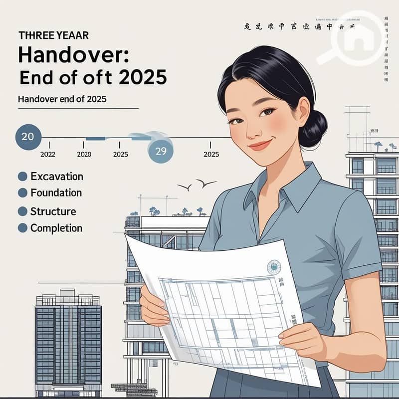 10 A stylized calendar showing a 3-year timeline starting from 'Handover_ End of 2025'. Construction phases (excavation, foundation, structure) are elegantly marked. A relaxed, confident architect_developer is r (3). jpg