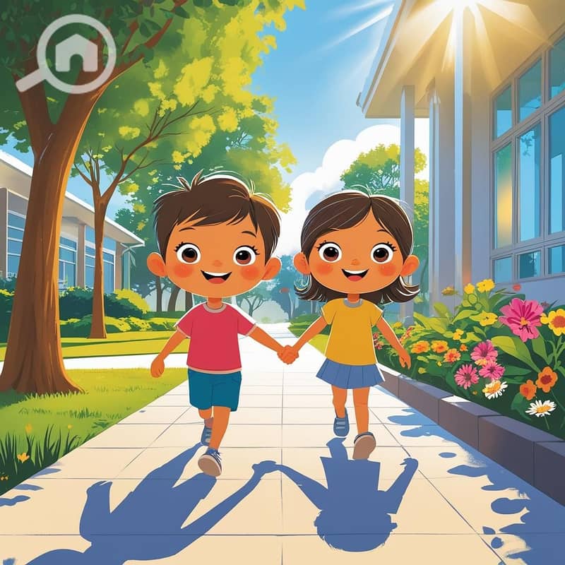 11 A heartwarming scene_ Two children (boy and girl, stylized and cheerful) are walking happily and safely on a clean, tree-lined sidewalk from their (future) home on the land plot towards a modern school building v. jpg