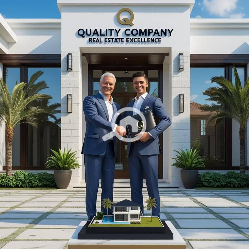 14 Eye-level, welcoming medium shot, meticulously replicating the provided reference image's setting and style. The scene is in front of the main entrance of the 'QUALITY COMPANY' building, which has an ultra-chic f. jpg