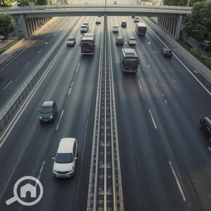 9 Wide Road Access To The Land With Fast And Service Road (70m), Cars And Public Transport Around, Easy Accessibility From All Directions, Realistic Photorealistic. jpg