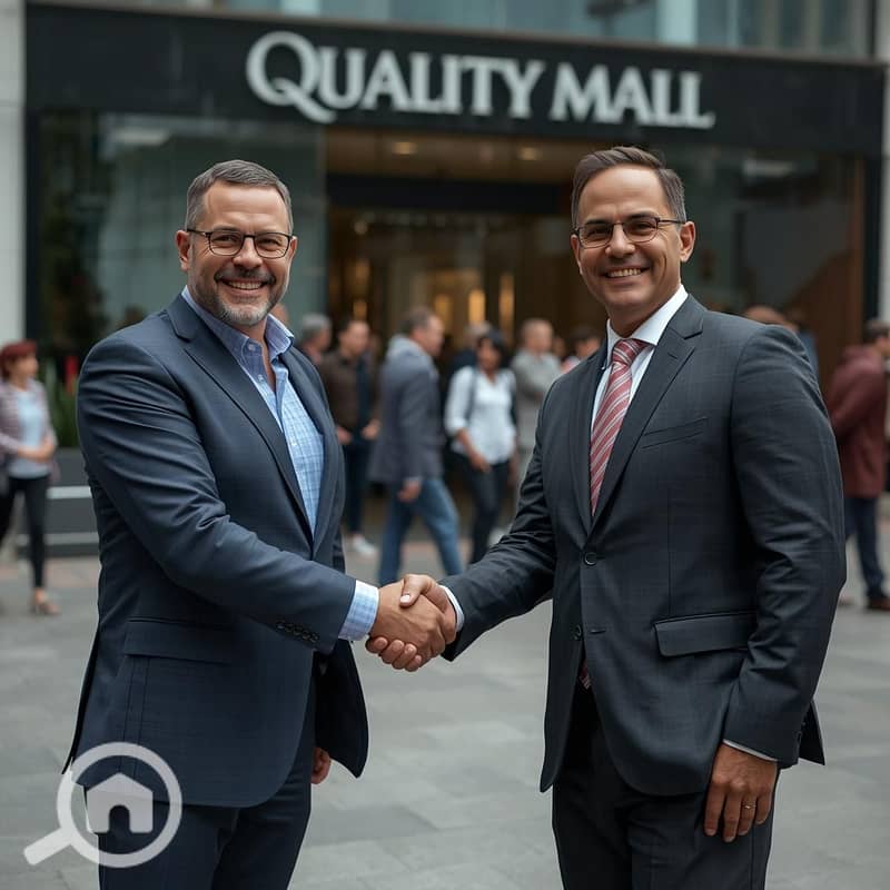 10 The same two businessmen from prompt 10 shaking hands warmly outside Quality Mall in New Obour, happy expressions, cinematic urban daylight, realistic crowd in the background, professional photorealistic style. jpg