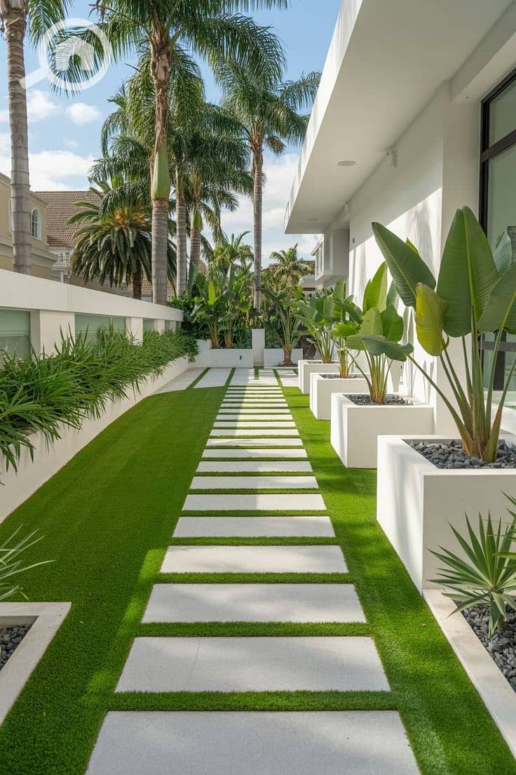 5 Sleek Tropical Front Yard with Emerald Artificial Grass. jpg