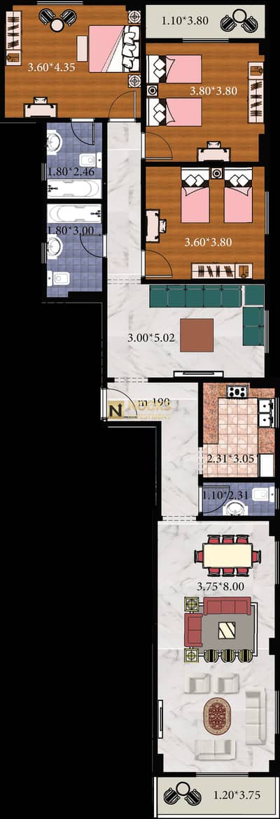 3 Bedroom Flat for Sale in New Cairo, Cairo - 190 م يمين. png