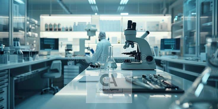 2 A lab with a scientist at a microscope royalty free stock photo. jpg