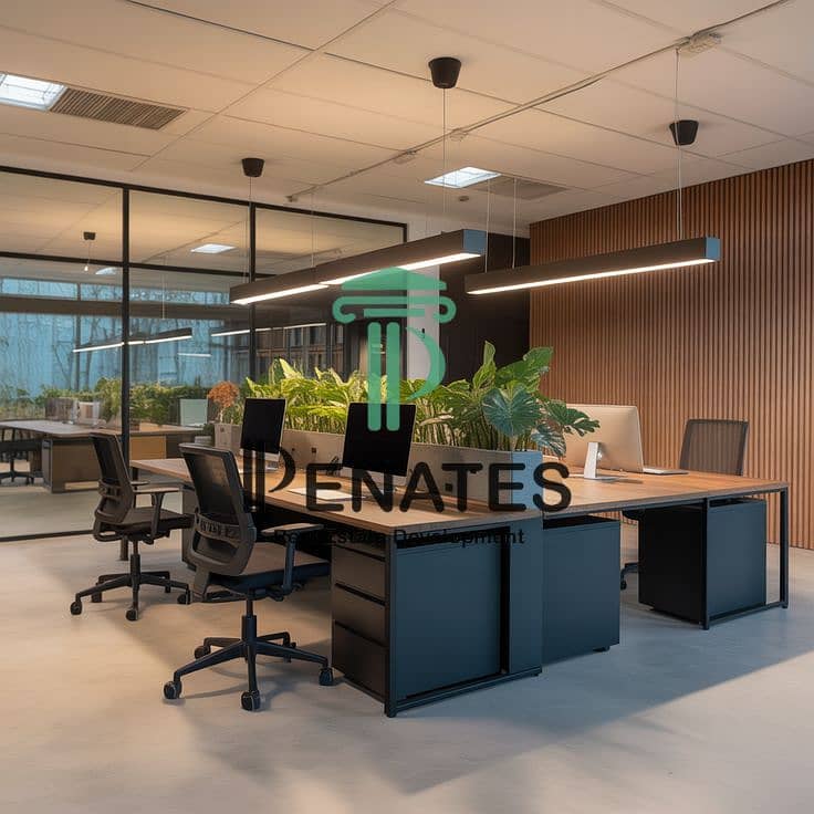 4 Moderne kantoorinrichting met groen en strakke werkplekken. jpg