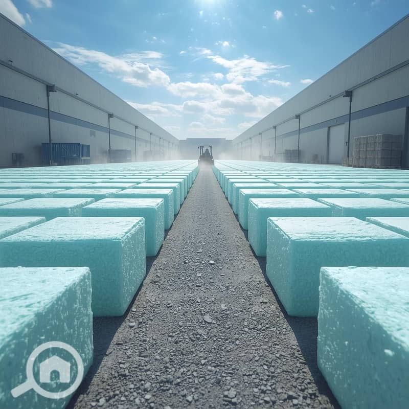 Wide shot of the vast outdoor open-air drying yard within the factory walls. Rows of fresh foam blocks curing under the sun. A forklift is moving in the distance. The image highlights the massive 14,000 sqm l (1). jpg Wide shot of the vast outdoor open-air drying yard within the factory walls. Rows of fresh foam blocks curing under the sun. A forklift is moving in the distance. The image highlights the massive 14,000 sqm l (1). jpg