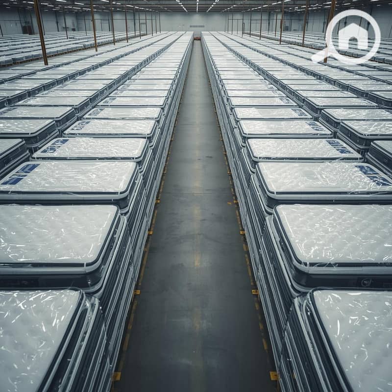 4 Symmetrical shot inside the finished goods warehouse. Hundreds of high-quality mattresses stacked neatly in rows, wrapped in clear plastic. Depth of field drawing the eye to the back of the warehouse. Clean, (1). jpg