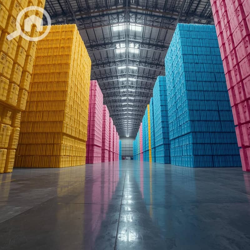 5 Interior wide-angle shot of a huge production hangar with high steel truss ceilings. Stacks of industrial sponge blocks (yellow, pink, blue) are piled vertically up to the roof. Polished concrete flooring reflect. jpg