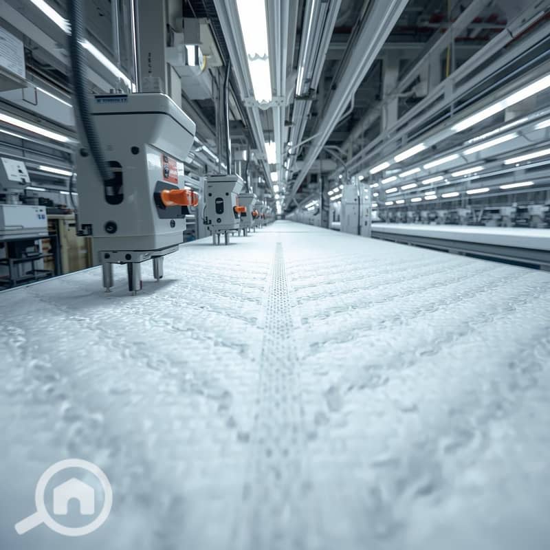 6 Close-up action shot inside a mattress factory. Automated quilting machines stitching white mattress fabric. Clean industrial environment. Motion blur on the needles to show speed. Bright lighting, showcasing (3). jpg