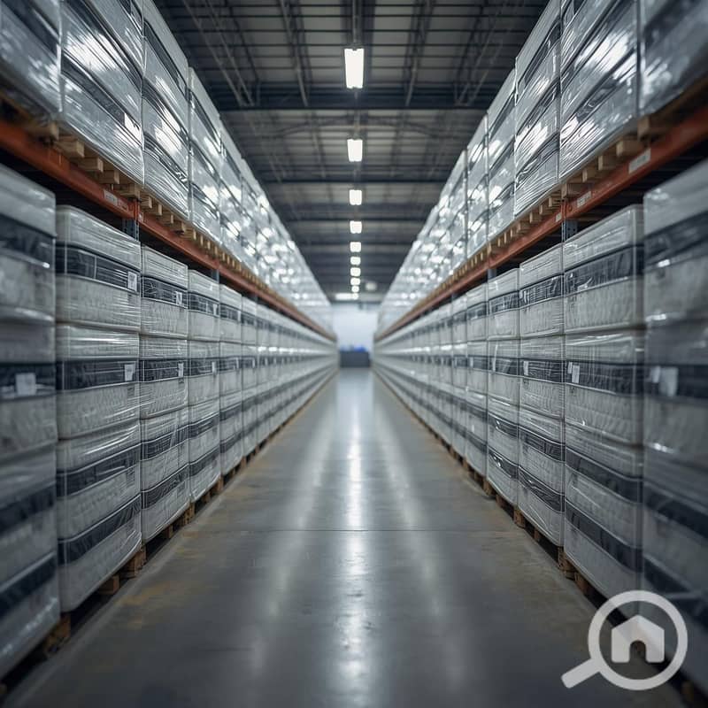 7 Symmetrical shot inside the finished goods warehouse. Hundreds of high-quality mattresses stacked neatly in rows, wrapped in clear plastic. Depth of field drawing the eye to the back of the warehouse. Clean, (2). jpg