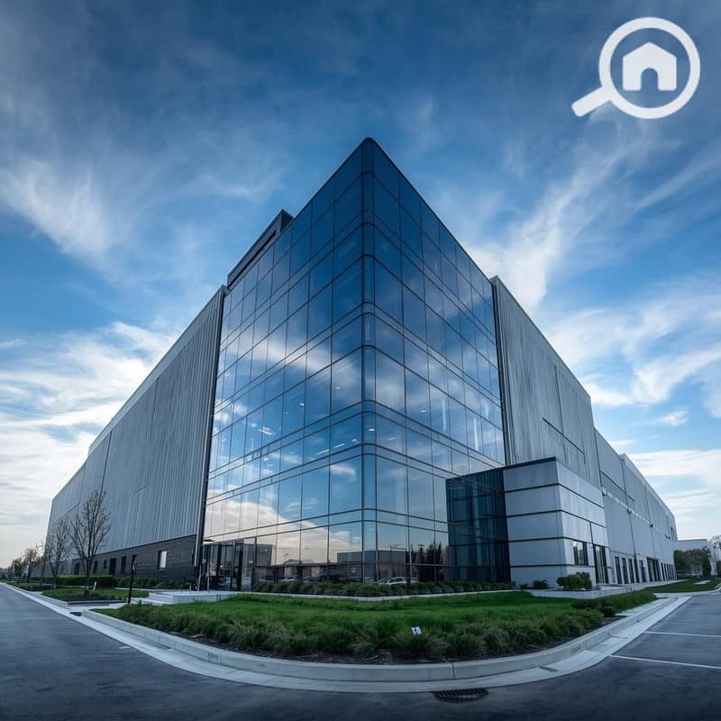 9 Low angle shot of a modern 4-story administrative building attached to the factory. Glass facade reflecting the sky, clean corporate entrance. Small green landscape in front. Professional architectural photog (1). jpg
