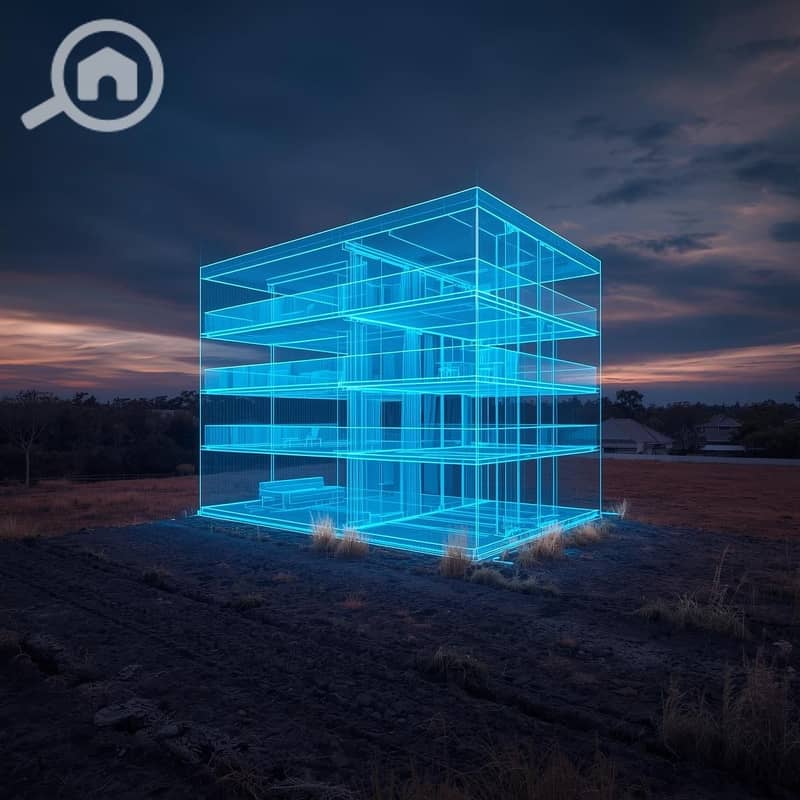5 Real photo of the empty land with a futuristic blue glowing wireframe hologram of a modern 5-story residential building (Ground + 4) superimposed on it. Augmented reality style showing the building potential. (3). jpg