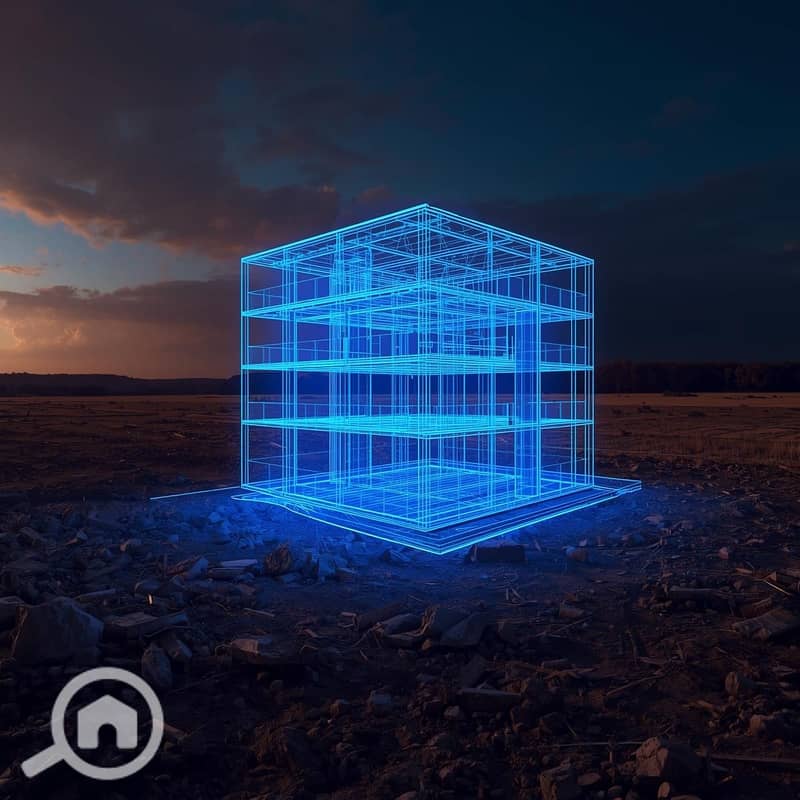 6 Real photo of the empty land with a futuristic blue glowing wireframe hologram of a modern 5-story residential building (Ground + 4) superimposed on it. Augmented reality style showing the building potential. (2). jpg