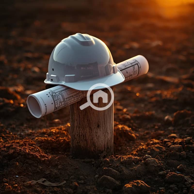 8 Close-up artistic shot of a white safety helmet and rolled architectural blueprints resting on a wooden stake in the land soil. The sun is setting in the background. Symbolizes starting a new home or project. Hig. jpg