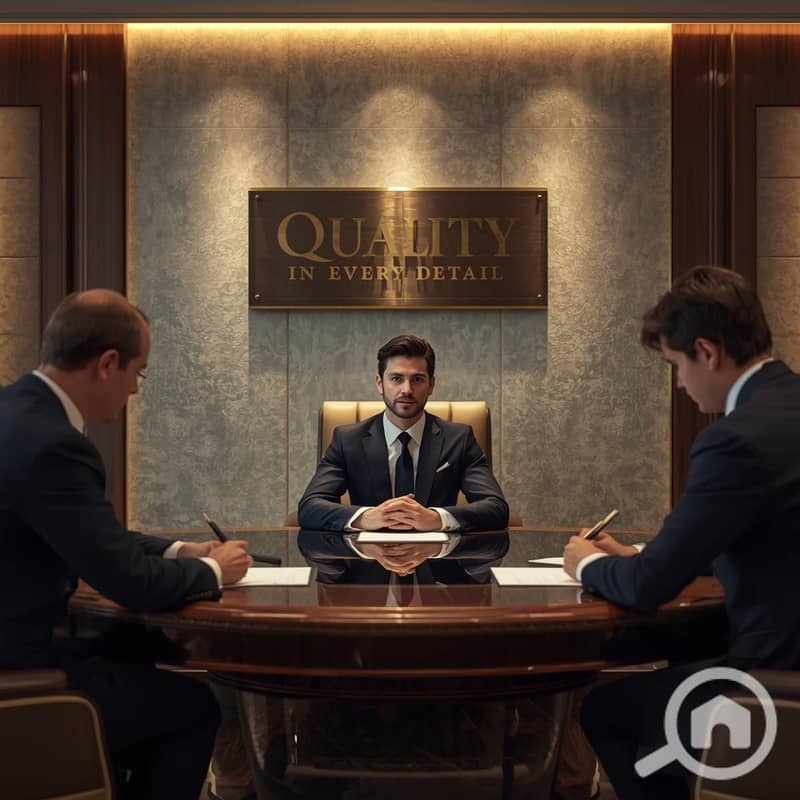 10 Cinematic interior shot of a high-end luxury real estate office. A handsome professional young businessman in a dark navy suit sitting behind a massive mahogany desk, smiling confidently. Across the desk, two (2). jpg