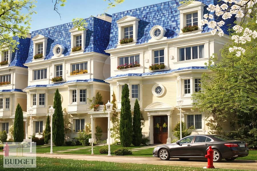 7 Elegant French-style townhouses on sunny street. png