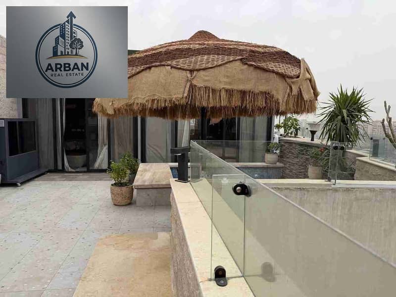 For rent: Furnished hotel-style penthouse apartment with a small pool in Zahraa El Maadi, within the Rehana Avenue compound. Excellent location, close to all services, restaurants, international brands, and main roads. - Fler