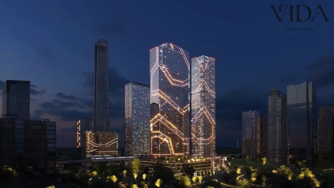 77m² finished clinic for sale in Taj Tower 2 Mall, New Administrative Capital, overlooking the Iconic Tower, directly on the Green River. 5% down paym