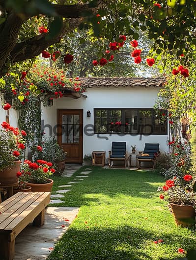 3 Bedroom Apartment for Sale in New Cairo, Cairo - there-is-small-white-house-with-garden-bench. jpg 3 Bedroom Apartment for Sale in New Cairo, Cairo - there-is-small-white-house-with-garden-bench. jpg