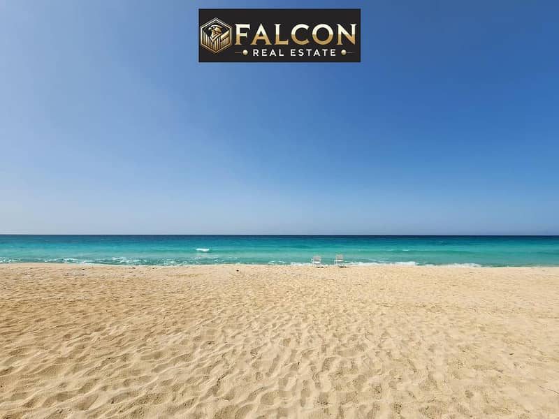 A chalet at an incredible price with a 10% down payment plan, located in the heart of Al Alamein, featuring a stunning view of the towers and the Al A - Mehr