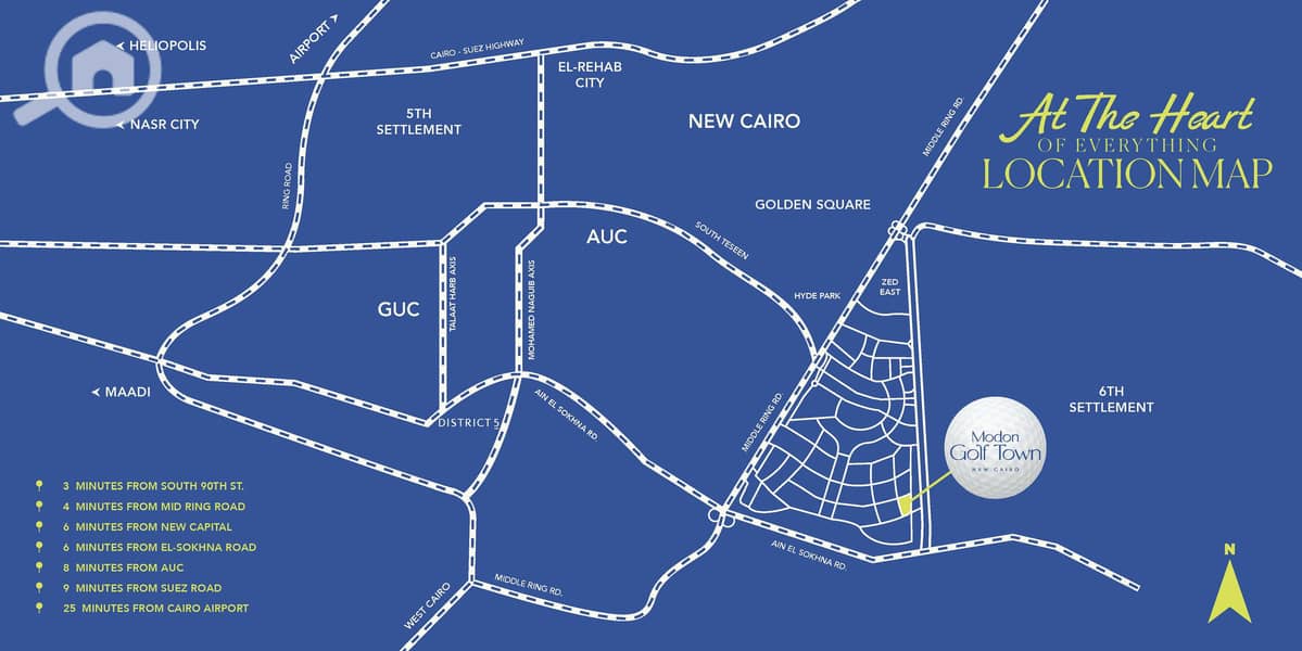 Your apartment has a view of the golf course in the heart of the Sixth Settlement, 115 meters, two rooms, with a down payment of 10% in Golf Town by Modon. - Mehr