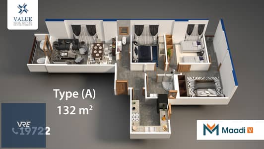 3 Bedroom Apartment for Sale in Zahraa Al Maadi, Cairo - Type-A-132m. jpg 3 Bedroom Apartment for Sale in Zahraa Al Maadi, Cairo - Type-A-132m. jpg