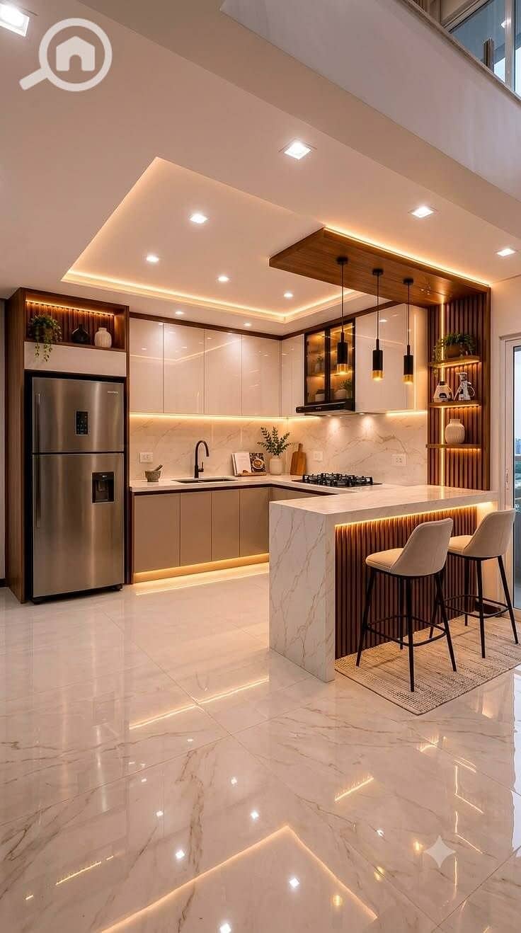 6 Modern Luxury Kitchen Ideas _ White & Wood Kitchen Design with Marble Island. jpg