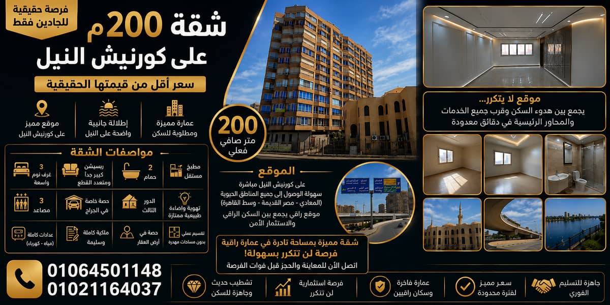 شقة مميزة للبيع على كورنيش النيل | 200م صافي | تشطيب راقٍ شقة مميزة للبيع على كورنيش النيل | 200م صافي | تشطيب راقٍ