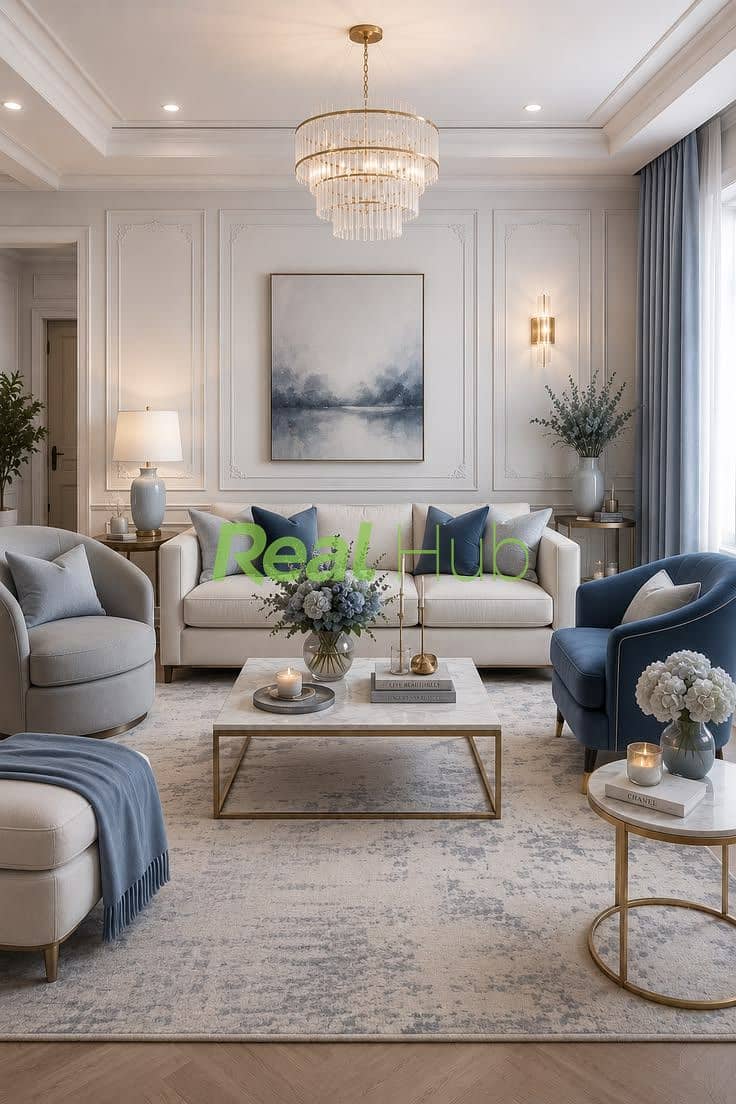 4 Modern Living Room Ideas in Spatial White, Comet & Dress Blues _ Elegant Home Decor. jpeg
