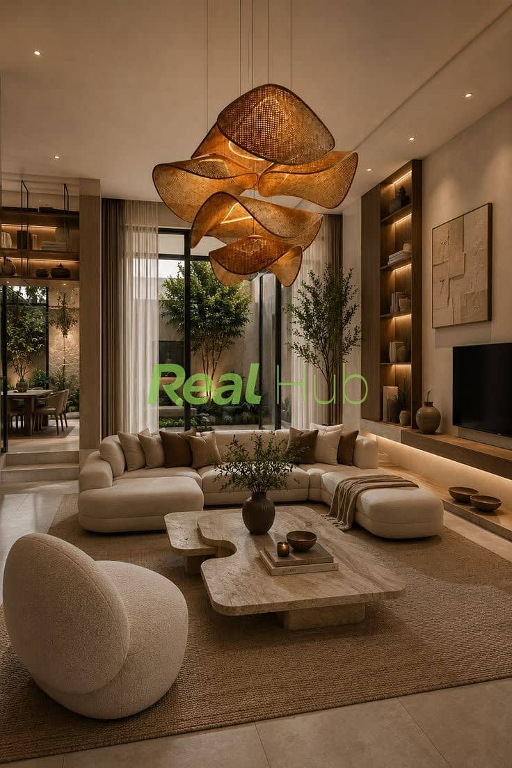 5 Luxury Modern Living Room with Sculptural Pendant Light. jpeg