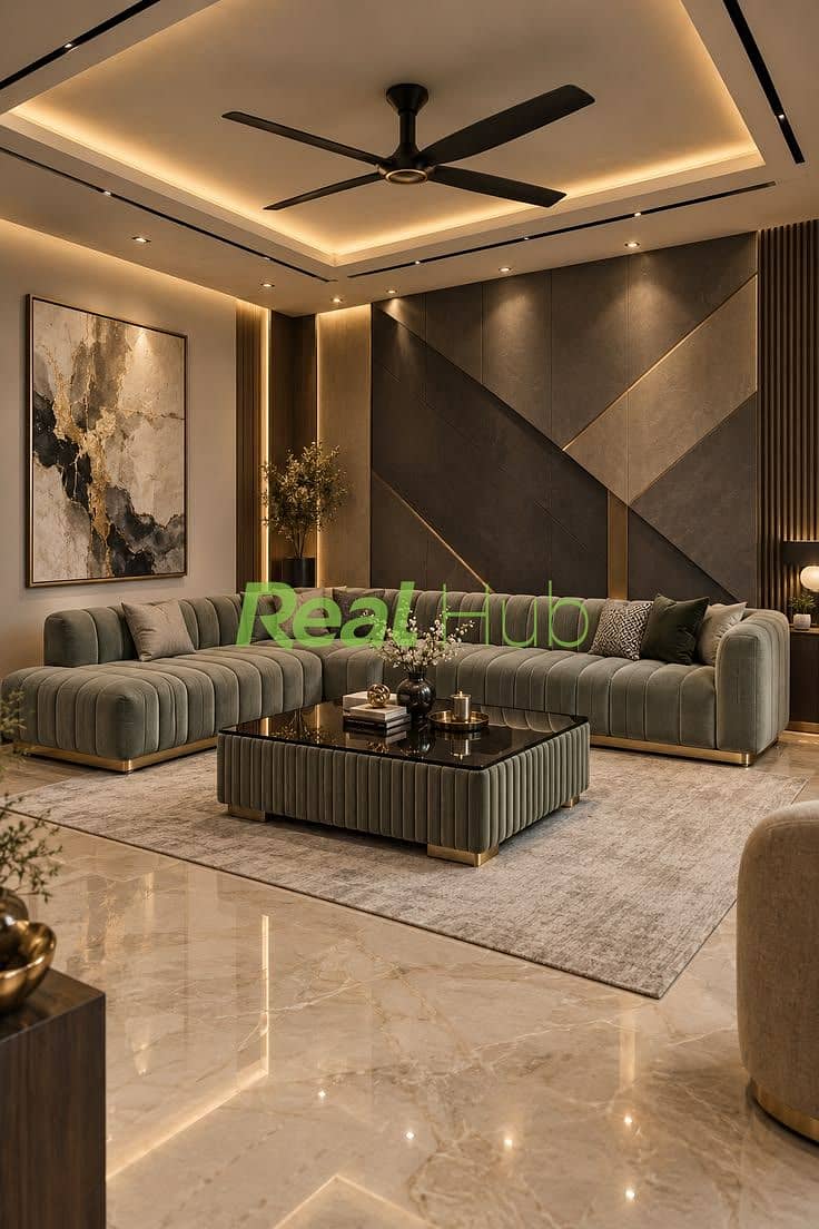 5 Modern Luxury Living Room Design _ Sage Green Velvet Sectional Sofa Ideas. jpeg