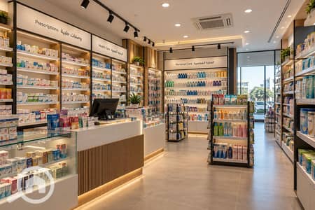 Pharmacy for Sale in Shorouk City, Cairo - Modern Pharmacy Interior with Arabic Signage. png