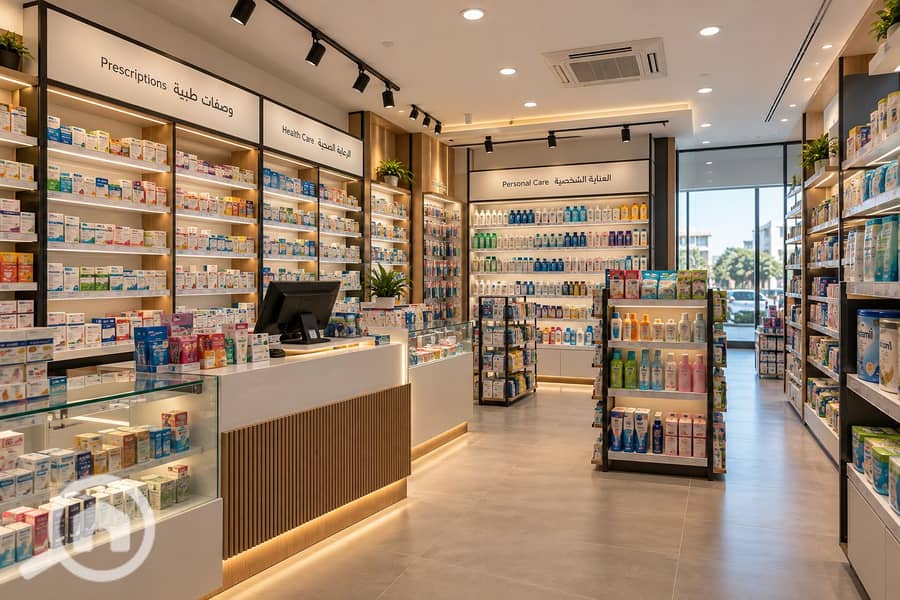 Modern Pharmacy Interior with Arabic Signage. png Modern Pharmacy Interior with Arabic Signage. png