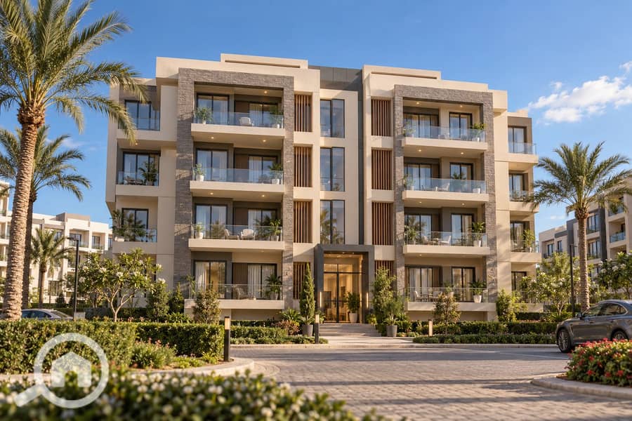 Sunny Modern Apartment Complex with Palms. png Sunny Modern Apartment Complex with Palms. png