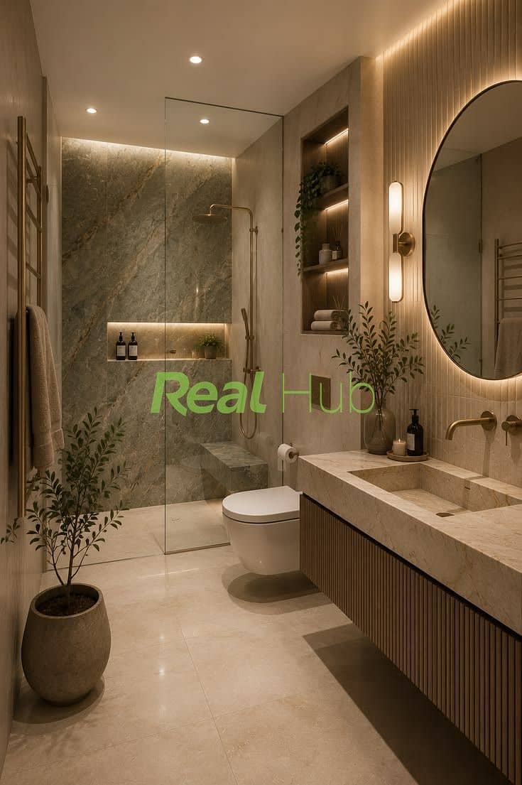 7 Modern Earth & Brass_ Highlights the brushed gold fixtures and stone textures_. jpeg