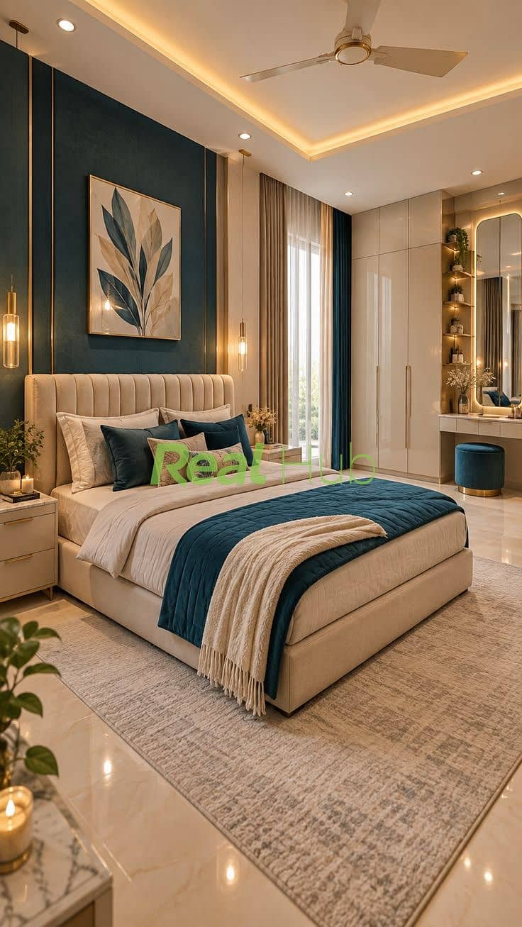 10 💙🕯️ Petrol Blue × Champagne Beige Dream Bedroom _ Luxury Aesthetic ✨. jpeg