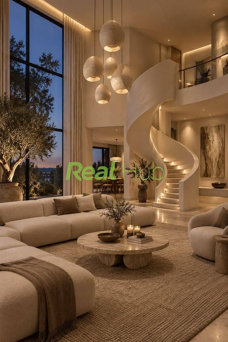 2 Warm Organic Modern Living Room With Sculptural Staircase. jpeg