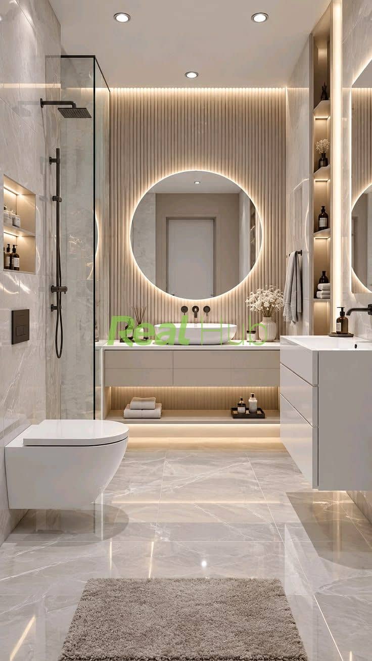 8 Modern Luxury Bathroom with Fluted Wall & Backlit Round Mirror. jpeg