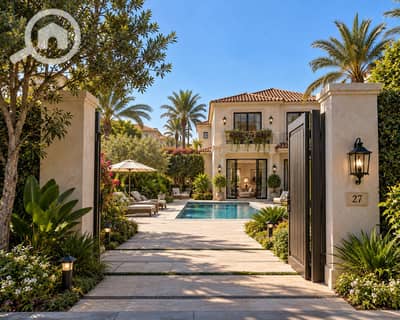 3 Bedroom Villa for Sale in Sheikh Zayed, Giza - Mediterranean Villa Entrance with Pool. png 3 Bedroom Villa for Sale in Sheikh Zayed, Giza - Mediterranean Villa Entrance with Pool. png